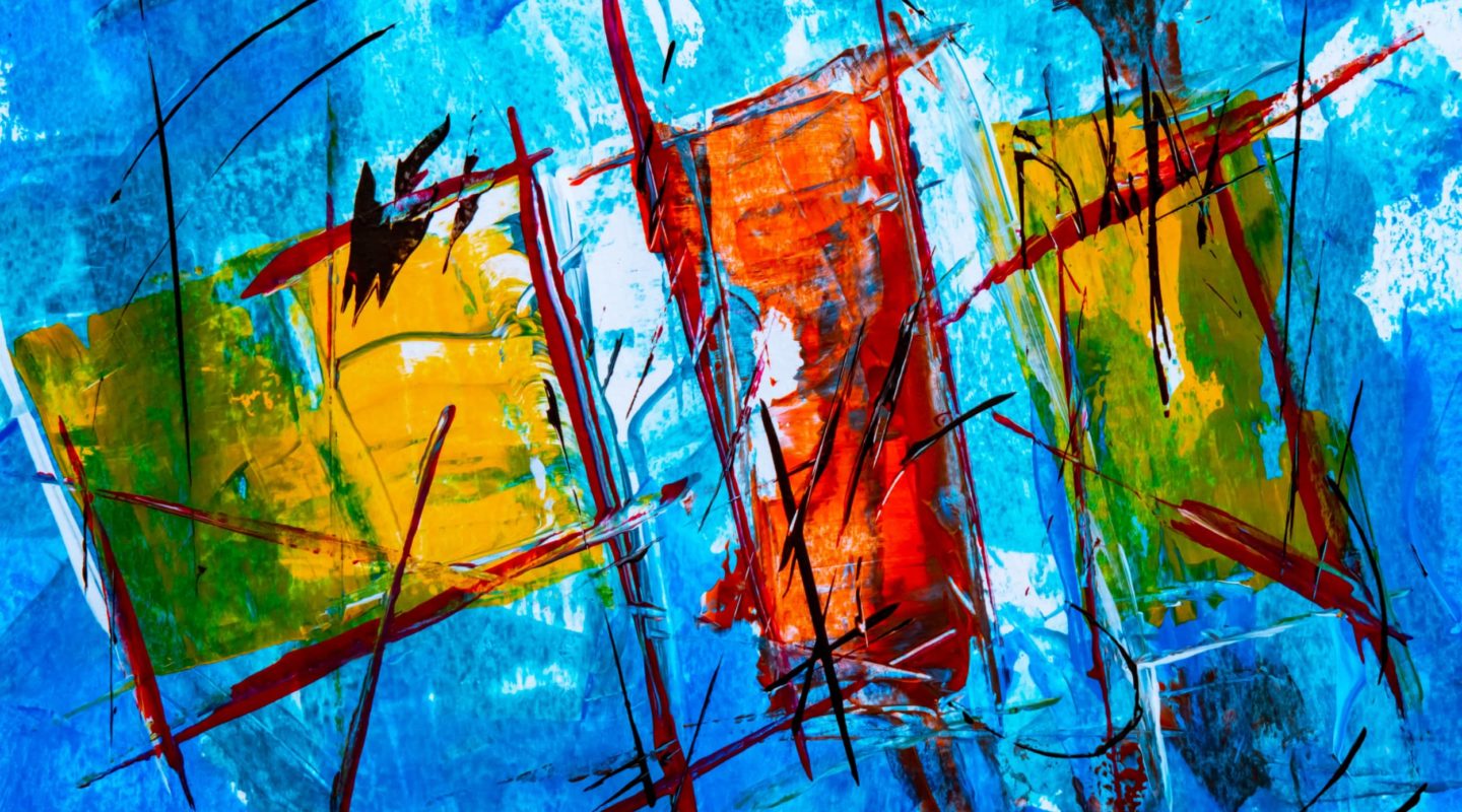 An abstract painting with a blue background, red lines that look like scratches, and different colored rectangles