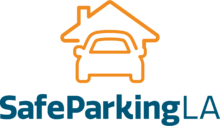 Logo for Safe Parking LA, artistically featuring an outline of a car inside a house with the text "Safe Parking LA" elegantly placed below.