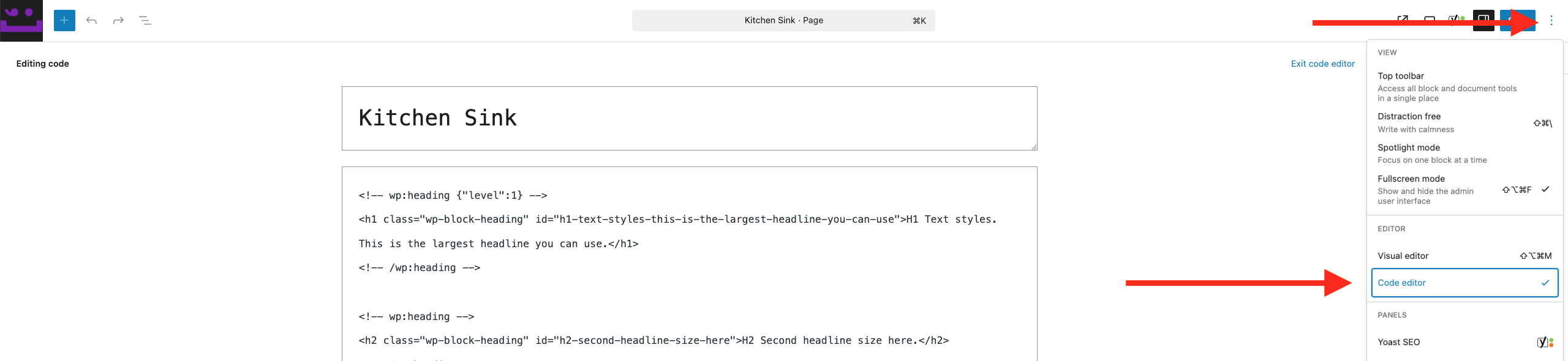 A WordPress editor screen displays a "Kitchen Sink" page with code view enabled; two red arrows highlight the three-dot menu and the "Code editor" option.