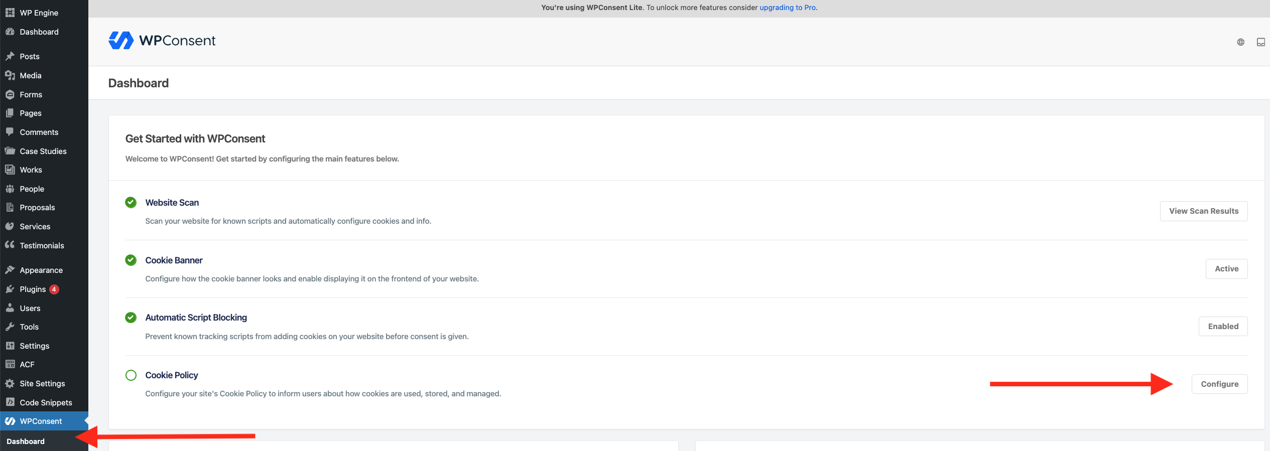 Screenshot of the WPConsent plugin dashboard in WordPress, highlighting the “Cookie Policy” section and the “Configure” button with red arrows.